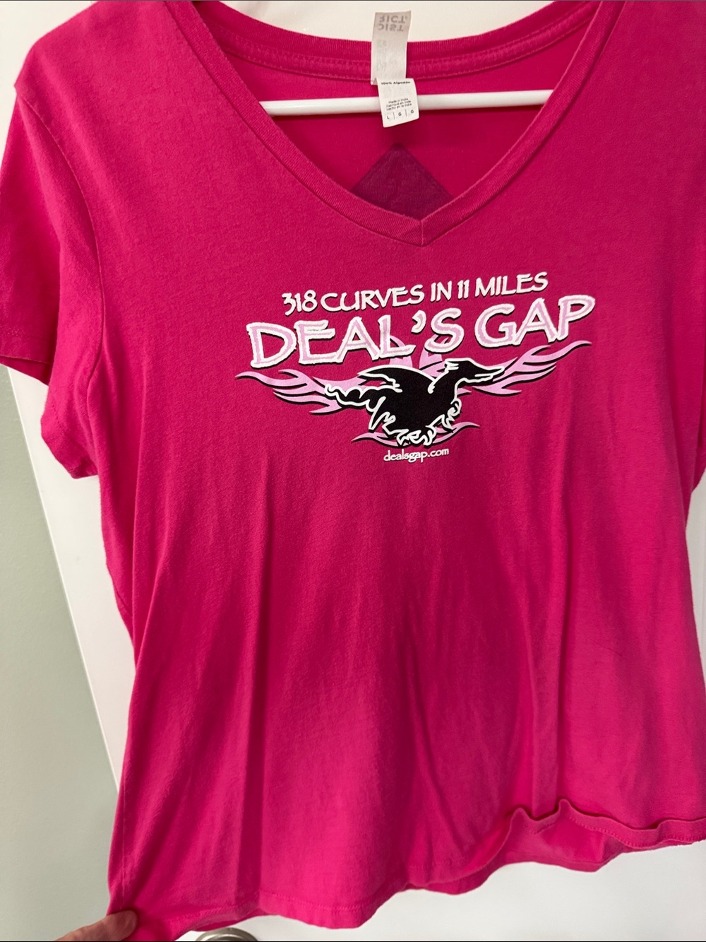 Deal’s Gap District Hot Pink V-Neck Graphic Tee with White & Black Print